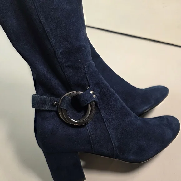 Karl Lagerfeld Navy Suede  Stretch Knee Boots 7.5M Block Heel - Picture 9 of 15